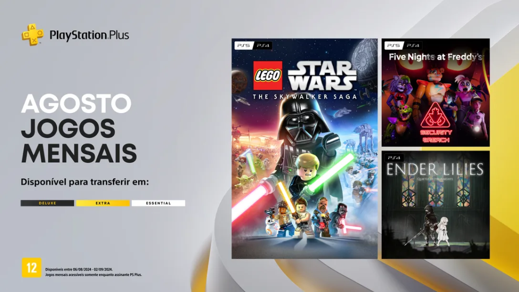 Previsões e Expectativas para os Jogos Gratuitos PS Plus Agosto 2024 2 Jogos mensais para membros PlayStation Plus de agosto: LEGO Star Wars: The Skywalker Saga, Five Nights at Freddy’s Security Breach, Ender Lilies: Quietus of the Knights