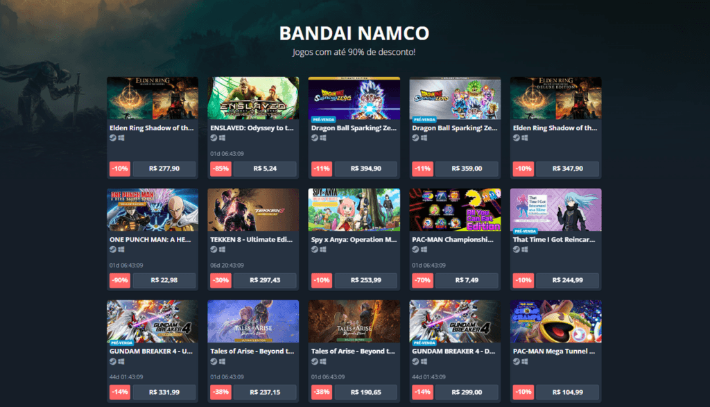 Jogos Bandai Namco com 90% de desconto na Nuuvem!