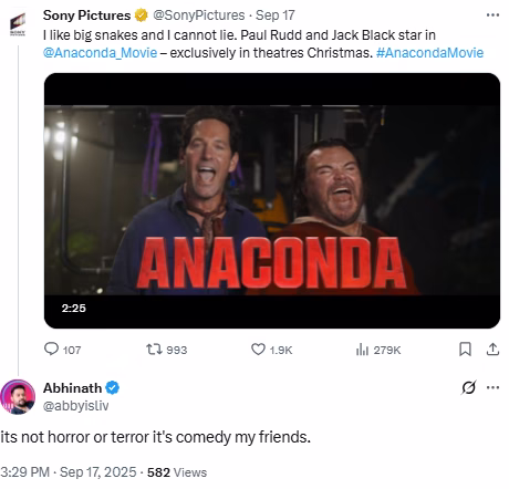 Comentário no X (antigo Twitter) sobre o trailer do filme Anaconda. 