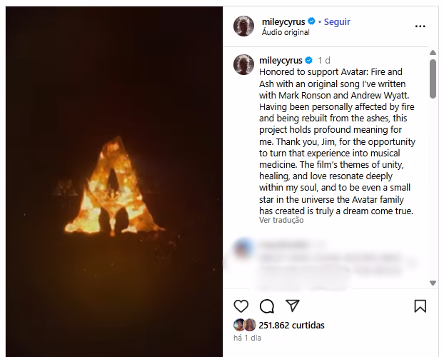 Miley Cyrus anunciou música para novo Avatar inspirada nos incêndios de LA