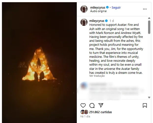 Miley Cyrus anunciou música para novo Avatar inspirada nos incêndios de LA