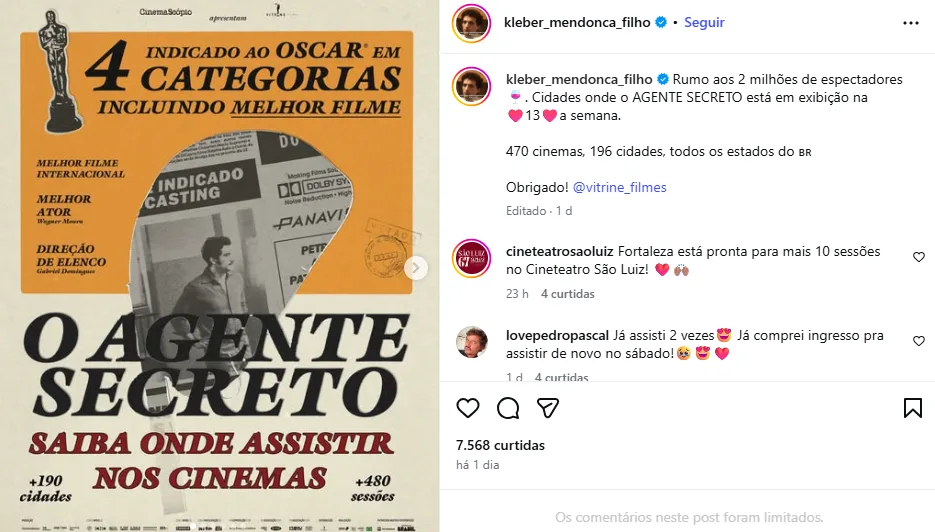 É tetra! O Agente Secreto é indicado a 4 categorias no Oscar 4 É tetra! O Agente Secreto é indicado a 4 categorias no Oscar